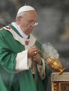 Pope uses incense during Mass for catechists in St. Peter's Square at Vatican